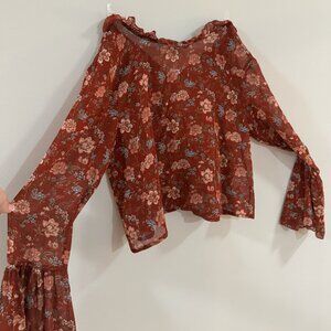 High neck floral bell sleeve button neck blouse